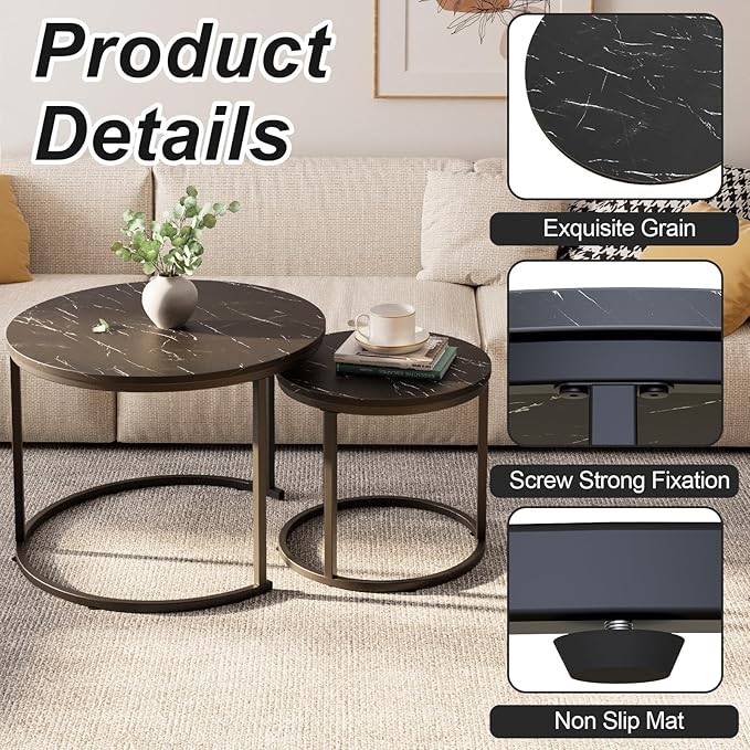aboxoo Coffee Table Nesting Side Round Set of 2 End Table Top Sturdy Metal Frame Desk Centerpiece Living Room Bedroom Apartment Modern Industrial Simple Nightstand - Image 2