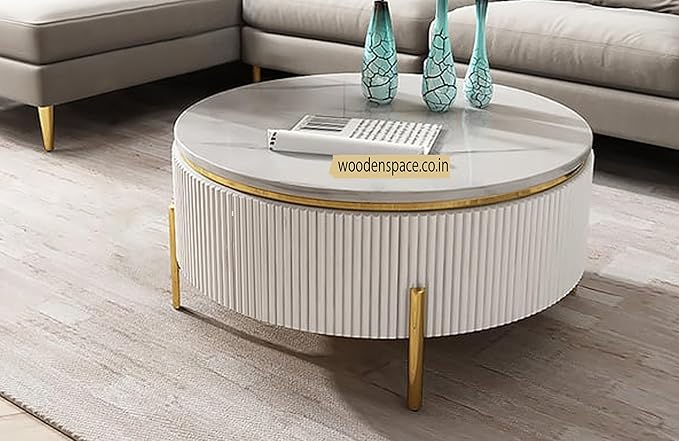 WOODEN SPACE Premium Luxury Nazaara Marble-Top Coffee Table with Iron Legs & PVD Coating | Modern Round Wooden Center Table for Living Room & Entryway - Image 2