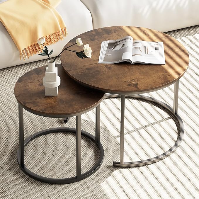 aboxoo Coffee Table Nesting Side Round Set of 2 End Table Top Sturdy Metal Frame Desk Centerpiece Living Room Bedroom Apartment Modern Industrial Simple Nightstand